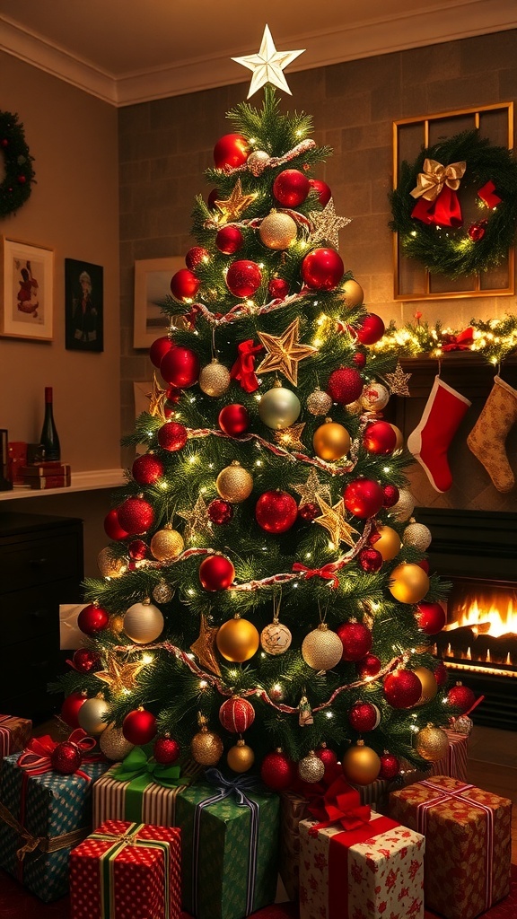 A festive Christmas tree with lights and ornaments, surrounded by gifts and a cozy fireplace.